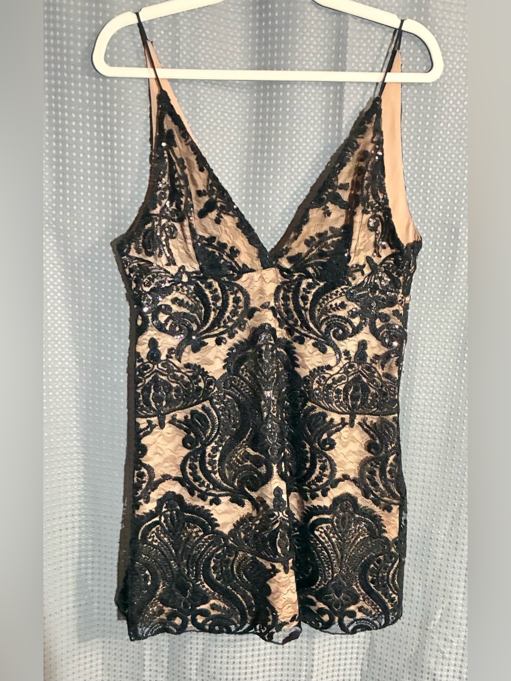 Free People Sequin Lace Cocktail Dress Sz 6 Mini Tank Nude Lined Club Party Sexy